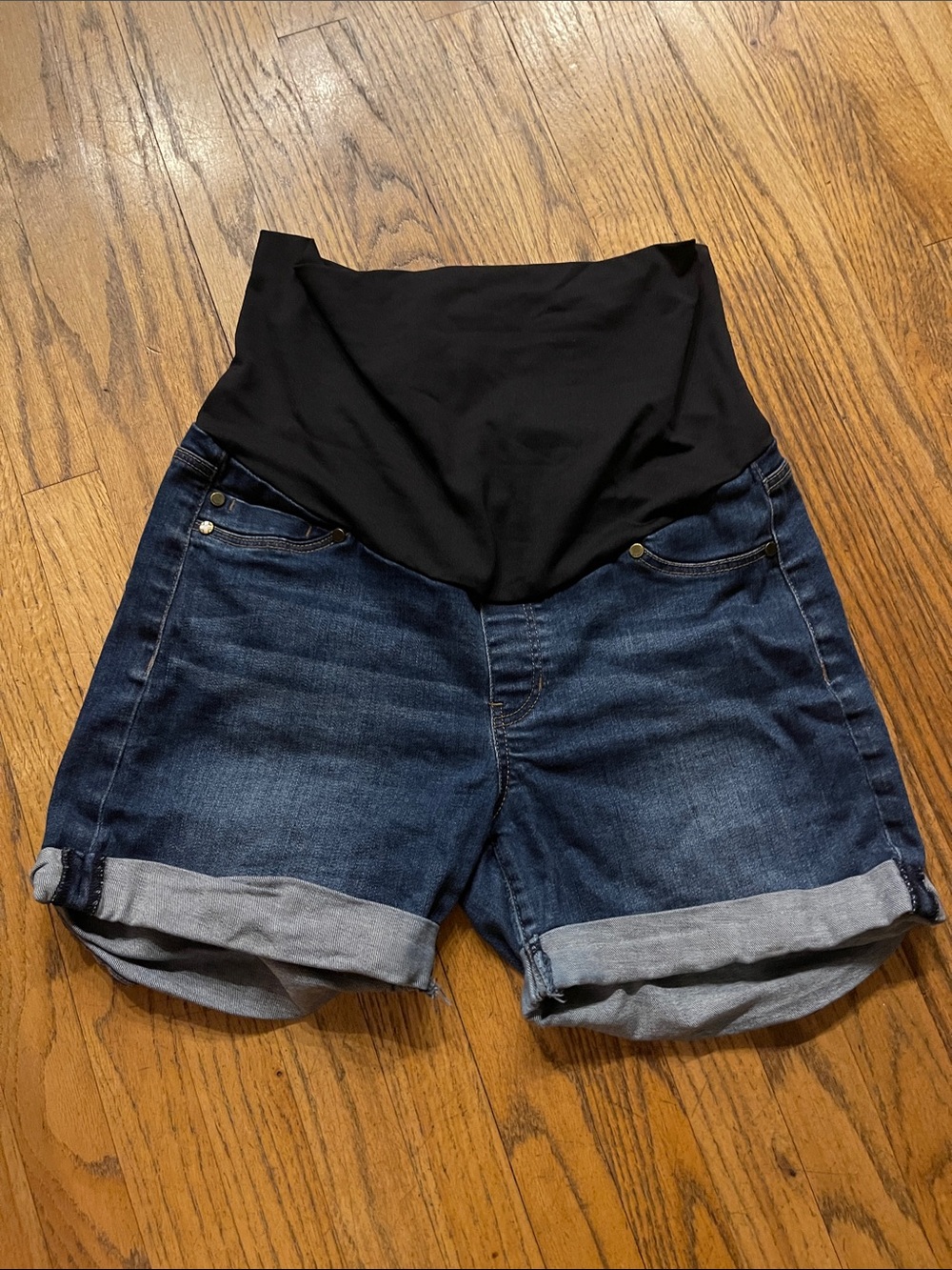 Maternity Denim Shorts with Black Belly Panel - Dark Blue
